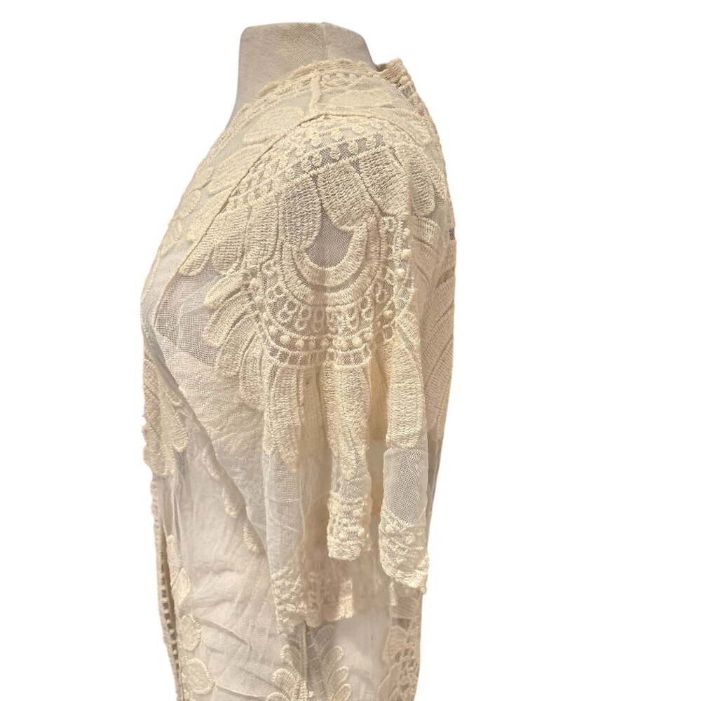 Boho Open Front Sheer Lace Kimono Cardigan With Floral Embroidery Ivory by Rebel - Picture 4 of 9